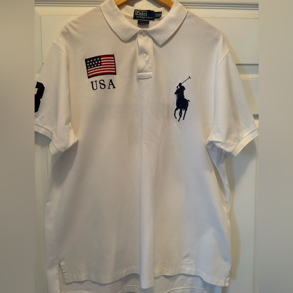 Ralph Lauren White Polo with USA Flag and Polo Player
